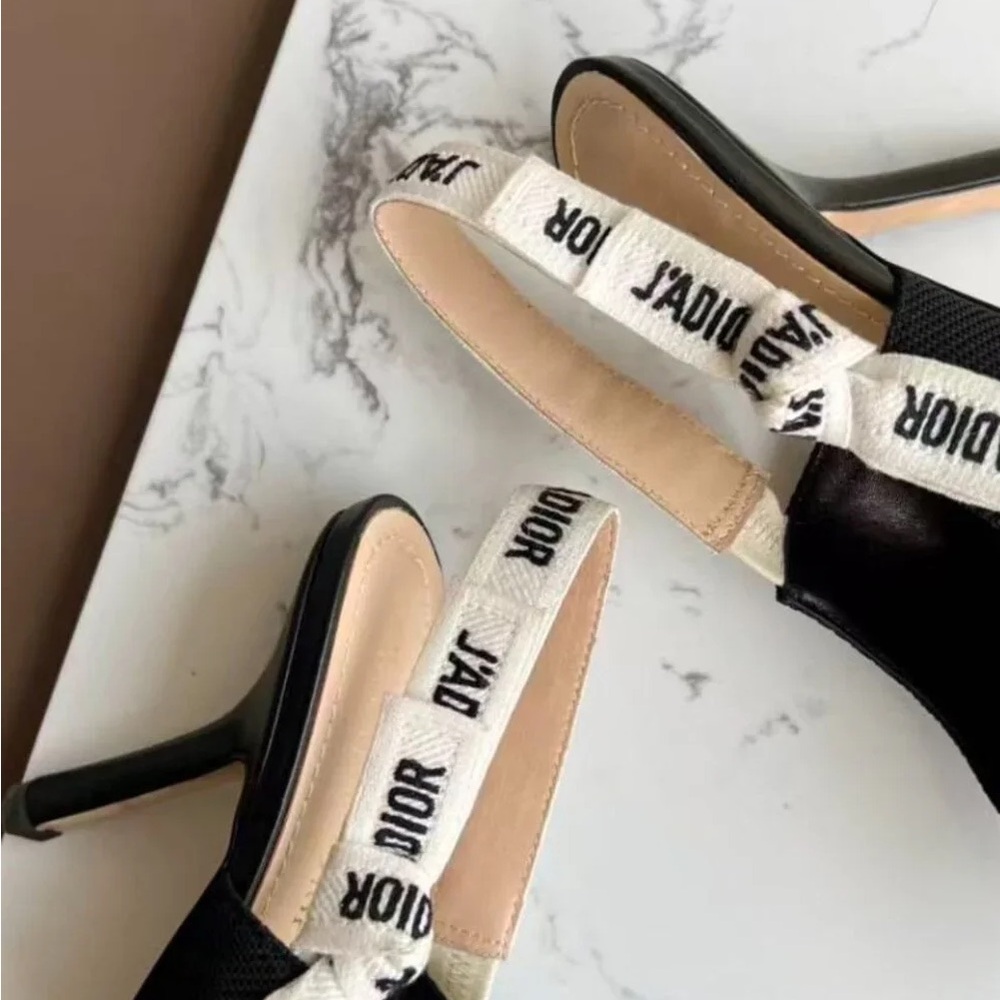 Dior Black Pointed Slingback Heels with White Logo Strap. - Picture 9 of 9